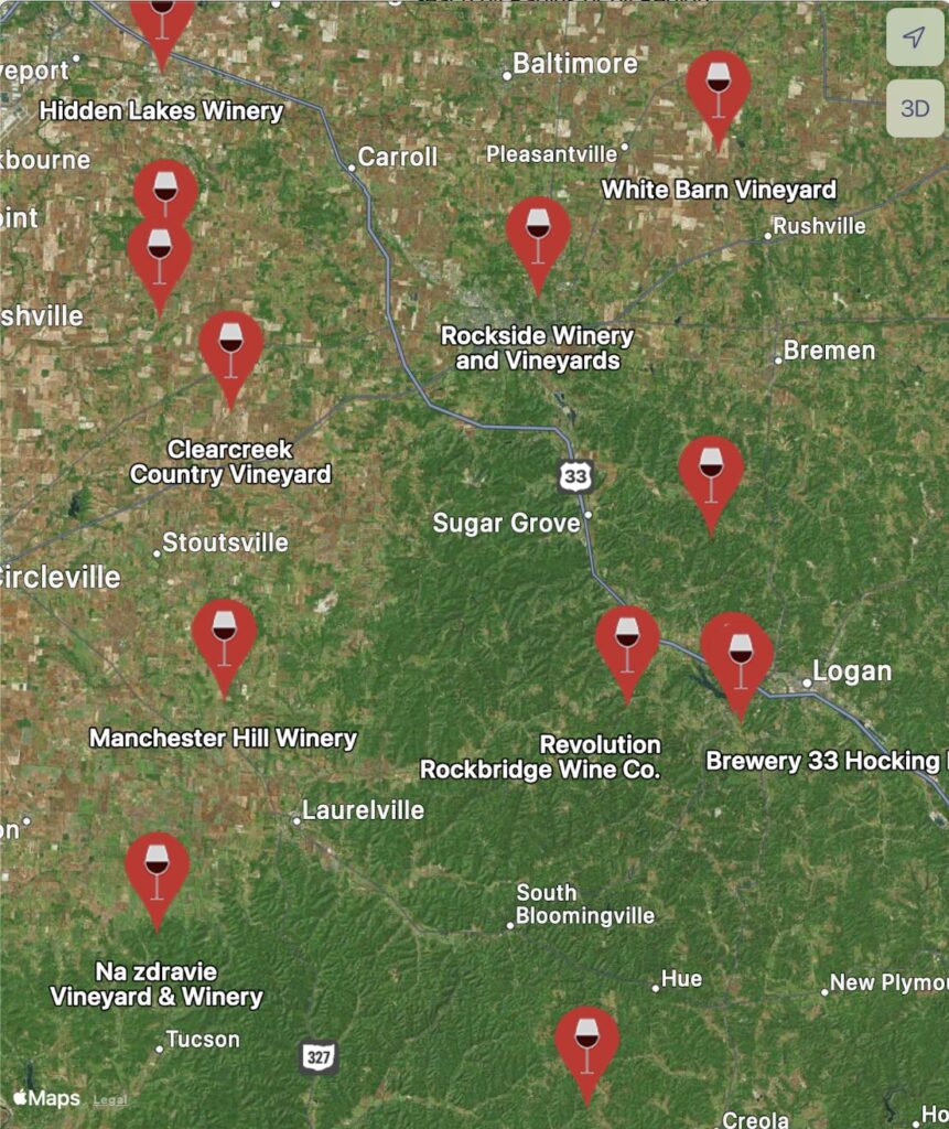 Ohio Winery Finder Map with wine pins